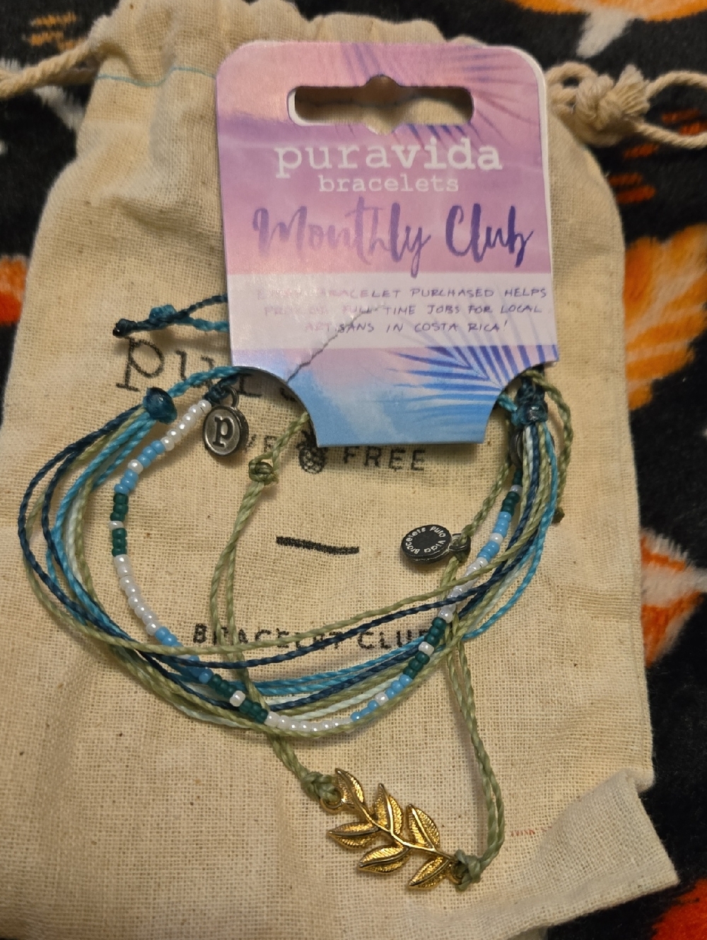 Pura Vida Women’s Gold Leaf Multistrand Bracelet - Blue & Green
